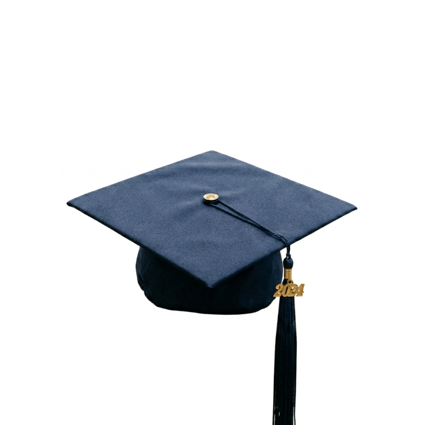 Navy blue graduation cap with 2024 tassel on wooden table at ceremony