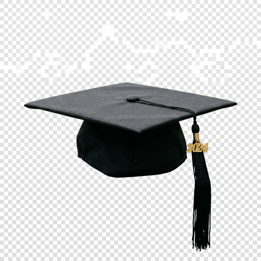 Graduation cap with 2024 tassel resting on a wooden bench
